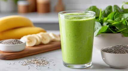 Refreshing Green Smoothie with Banana and Spinach on a Kitchen Countertop in Bright Atmosphere