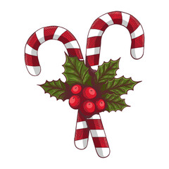 A sketch of a New Years caramel cane and holly in color. Vector illustration