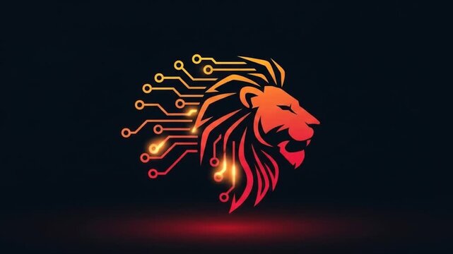 Abstract digital lion head logo with circuit board elements