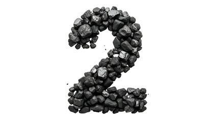 Number Two Made of Small Black Gravel Stones on Transparent Background