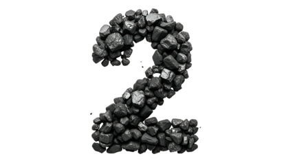 Number Two Made of Small Black Gravel Stones on Transparent Background