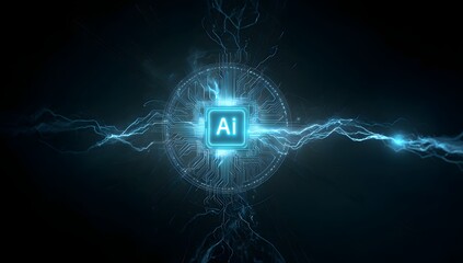 Glowing blue artificial intelligence chip with intricate circuitry and energy pulses emanating outwards representing advanced technology and digital innovation isolated on transparent background