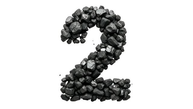 Number Two Made of Small Black Gravel Stones on Transparent Background