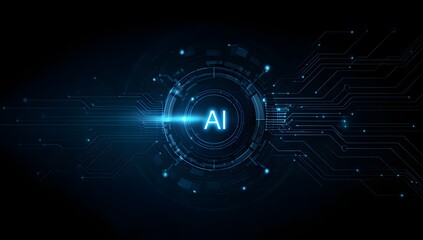 Futuristic glowing ai symbol with abstract digital circuit board elements and light streaks isolated on transparent background