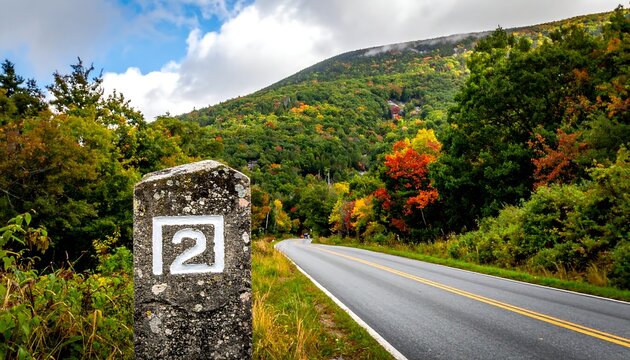 Winding road through vibrant autumn forest, mountain backdrop, with a weathered marker