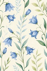 Delicate Blue Bellflowers Blooming Amongst Soft Green Leaves in a Watercolor Botanical Pattern
