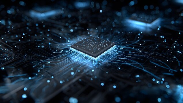 Abstract representation of a glowing blue central processing unit with intricate circuitry and digital data streams emanating outwards isolated on transparent background