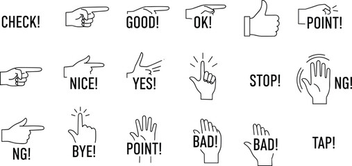 Hand Gesture Vector Set with Commands Like STOP, YES, OK, BAD, TAP for Communication, Interface, and Instructional Design Themes