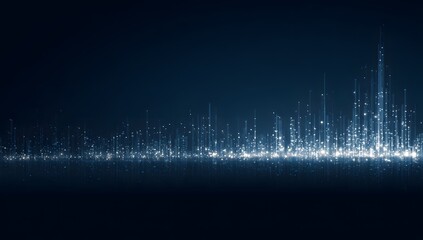 Abstract futuristic cityscape with glowing blue lights and digital data streams creating a vibrant metropolitan skyline isolated on transparent background