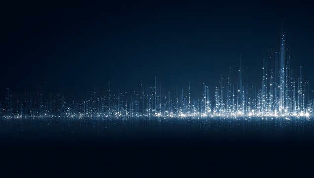 Abstract futuristic cityscape with glowing blue lights and digital data streams creating a vibrant metropolitan skyline isolated on transparent background - Powered by Adobe