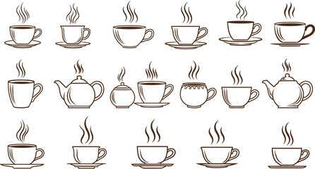 Hot Beverage Drinkware Vector Set Featuring Cups, Mugs, Teapots with Steam for Coffee, Tea, Café, and Lifestyle Design Themes