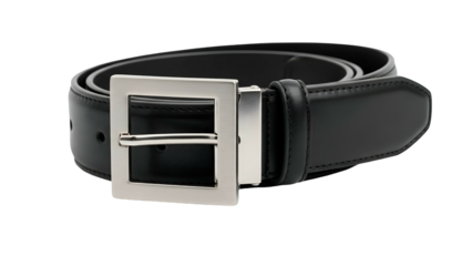 Black Leather Belt with Silver Square Buckle on Transparent Background