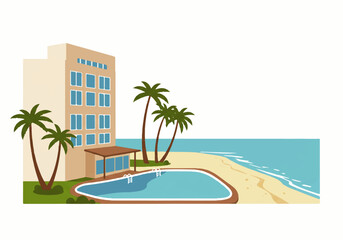 A cartoon illustration of a beachfront hotel with a swimming pool and palm trees.