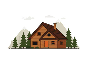 Illustration of a cozy wooden cabin with a brown roof, nestled among green pine trees and with mountains in the background.