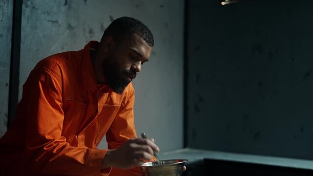 African American male prisoner eating bland food in solitary confinement cell
