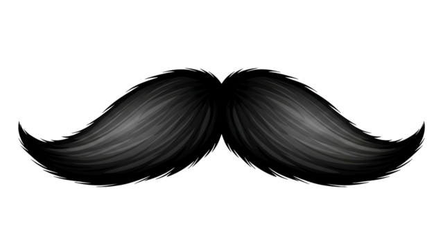 Black Mustache with Curled Ends on White Background for Vintage or Artistic Design