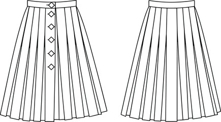 Pleated skirt fashion CAD, button front and plain waistband technical flat sketch, vector illustration, apparel design template, garment construction drawing