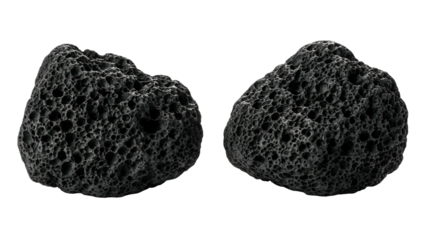 Two Dark Volcanic Rocks with Pitted Surface on Transparent Background