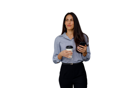 Businesswoman walking and checking smartphone, holding coffee cup against transparent background
