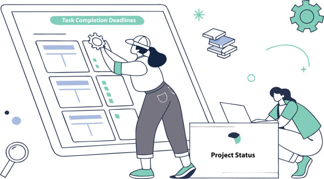Project management team organizing tasks on a large digital board.