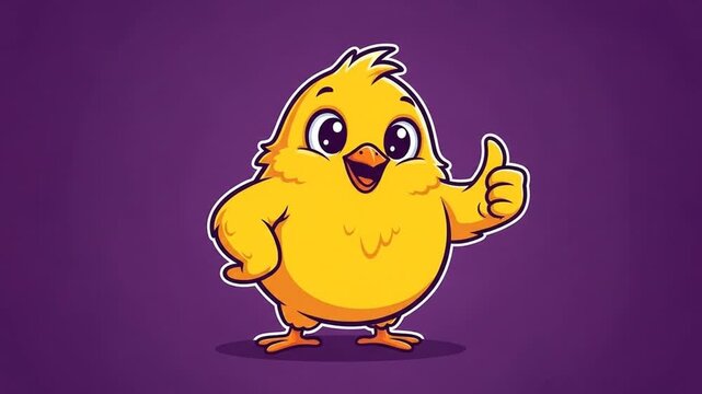 Cheerful cartoon chick with thumb up on purple background