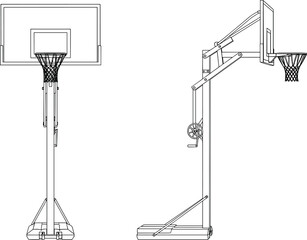 Portable Basketball Hoop System Technical Line Drawing Front and Side View with Adjustable Mechanism, Rim, Backboard, Base, and Support Pole © Sharon Creatives
