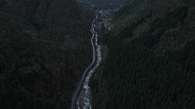 Drone captures Latefossen Waterfall across rugged Norway highlands