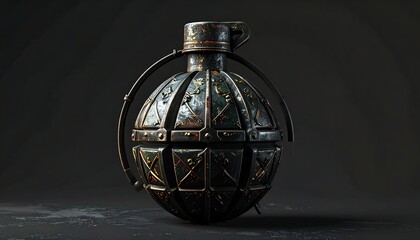 Detailed, textured, dark metallic hand grenade on a plain background