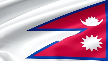 Nepal flag with crimson double triangles, white moon and sun, blue border.
