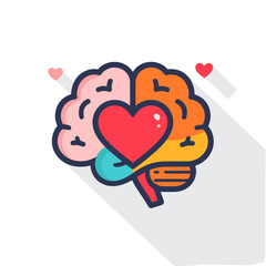 Stylized Brain Icon Divided by Function with a Red Heart Centered in the Brain Illustration on White Background