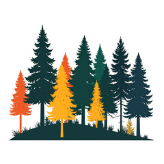 Fototapeta premium Dense Forest Silhouette with Teal Green and Orange Trees on a White Background Graphic Illustration