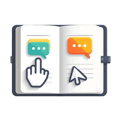 Open Book Illustration with Speech Bubbles and Cursor Icon on White Paper
