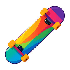 Colorful Skateboard with Rainbow Pattern and Yellow Wheels on a White Background Close Up Shot.