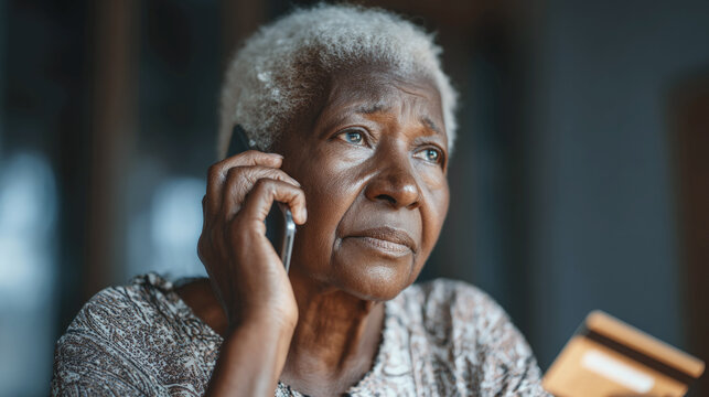 A worried elderly Black woman holding a credit card is making a phone call, symbolizing financial worries, internet scams, elder fraud, or banking problems in the vulnerable digital age.