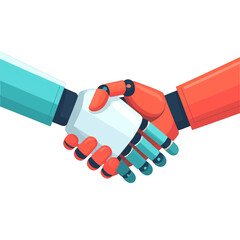 Illustration of Robotic Handshake with Turquoise and Red Arm on White Background