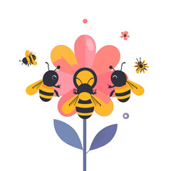 Cartoon Bees Pollinating Pink and Yellow Flower Illustration with Blue Stem and Flying Insects on a White Background