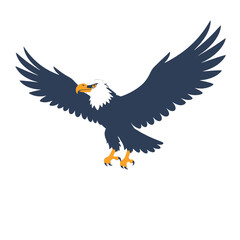 Majestic Eagle Illustration With Dark Blue Body And Yellow Beak And Claws In Flight Position On A Clean White Background