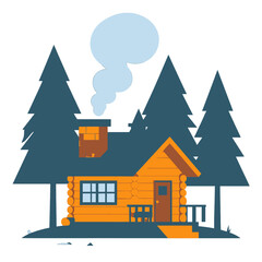 Cozy Orange Wooden Cabin with Chimney Smoke Amidst Evergreen Trees in a Forest Setting Vector Illustration