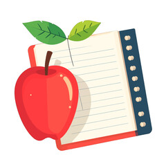 Vibrant Red Apple Next to a Notebook on White Background Illustration