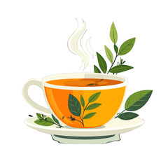 Steaming Orange Tea Cup with Green Leaves and White Background Illustration