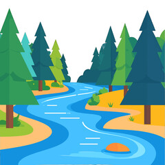 Stylized River Flowing Through a Forest of Green Coniferous Trees Flat Design