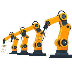 Illustration of Four Identical Yellow Robotic Arms Welding in a Row on an Isolated White Background
