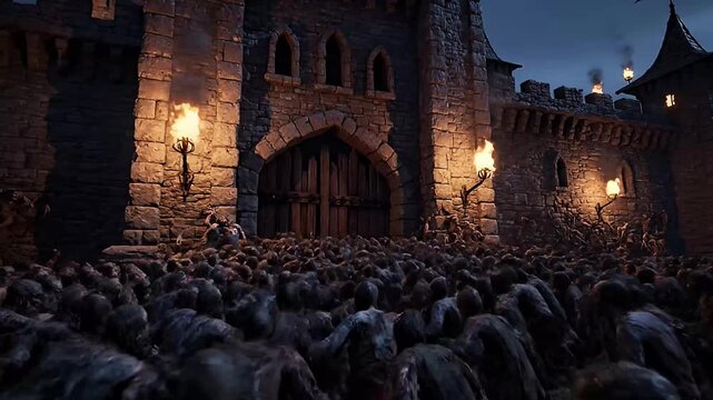 zombie horde attacks medieval castle in dark night