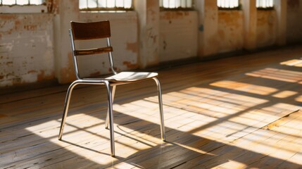 Solitary Metal and Wood Chair in Sunlit Industrial Space with Wooden Floor and Dramatic Shadows