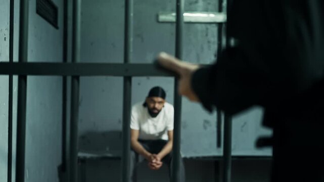 Strict prison guard threatening inmate with baton, symbol of power and dominance