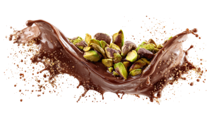 Crushed pistachios in chocolate splash creating delicious dessert composition showing sweet flavor nut texture and liquid swirl motion isolated on white background
