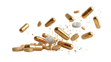 Crushed and whole pills falling down showing pharmaceutical medicine concept with colorful tablets capsules and medical healthcare elements isolated on white background