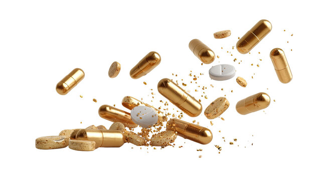 Crushed and whole pills falling down showing pharmaceutical medicine concept with colorful tablets capsules and medical healthcare elements isolated on white background