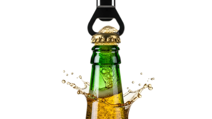 Bottle Opener Popping Green and Gold Bottle with Splash in Transparent Background