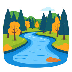 Obraz premium Cartoon River Flowing Through Forest with Green Trees and Yellow Orange Foliage in Daytime Illustration Landscape Nature Background